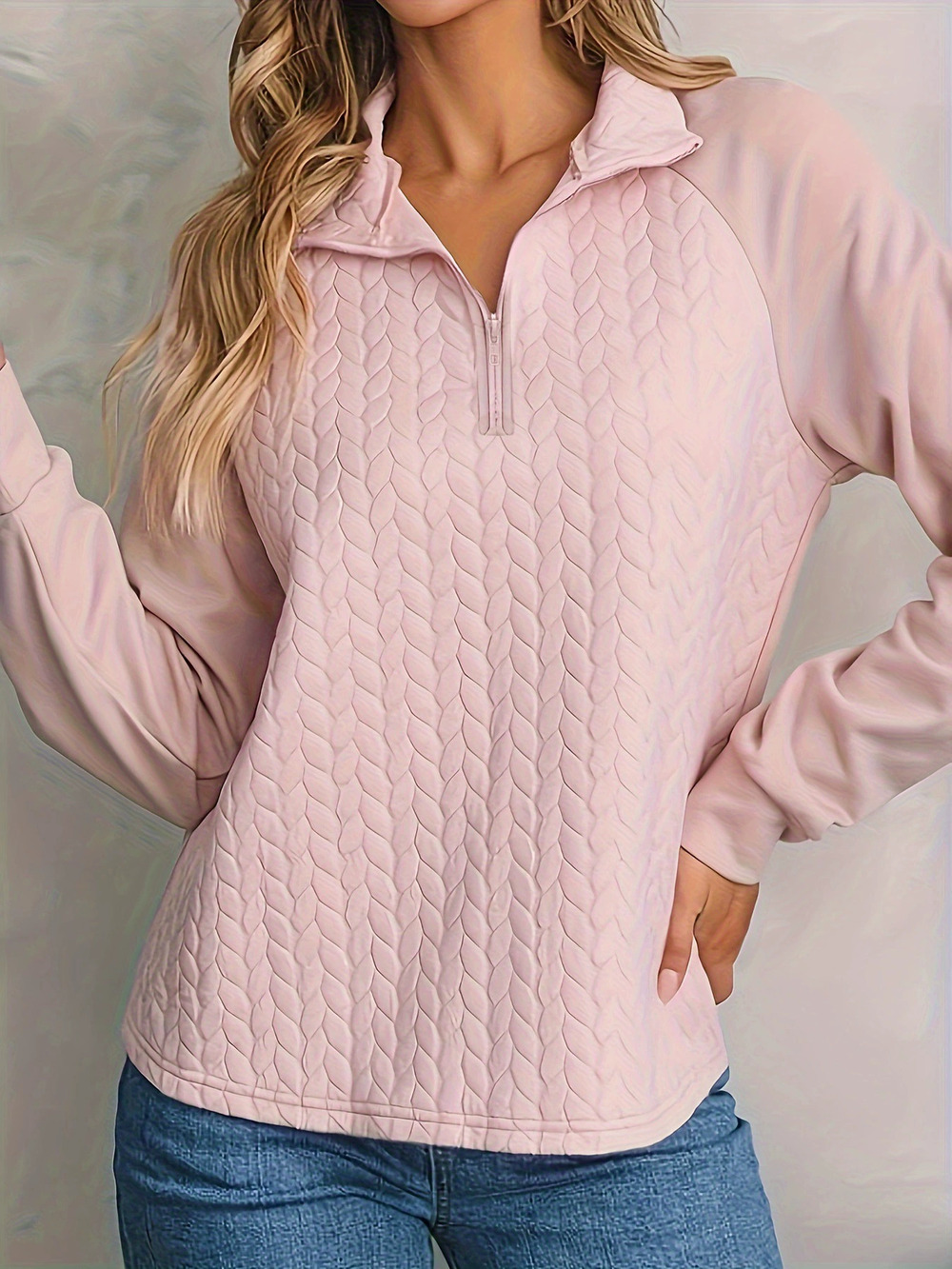 ZARA Womens Warm Casual Loose Textured Patchwork Long Sleeve Pullover Sweatshirt
